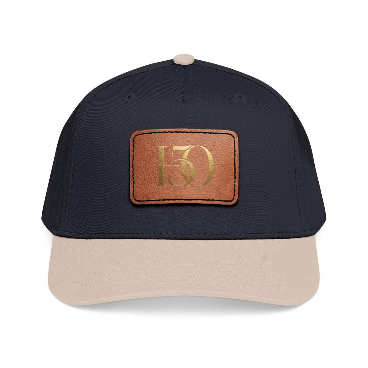 Leather Patch Baseball Cap — Gold '150' Monogram-Hats-Hope After 50-Size:One size-Color:Khaki / Black / Light Brown patch-Shape:Rectangle-Printify