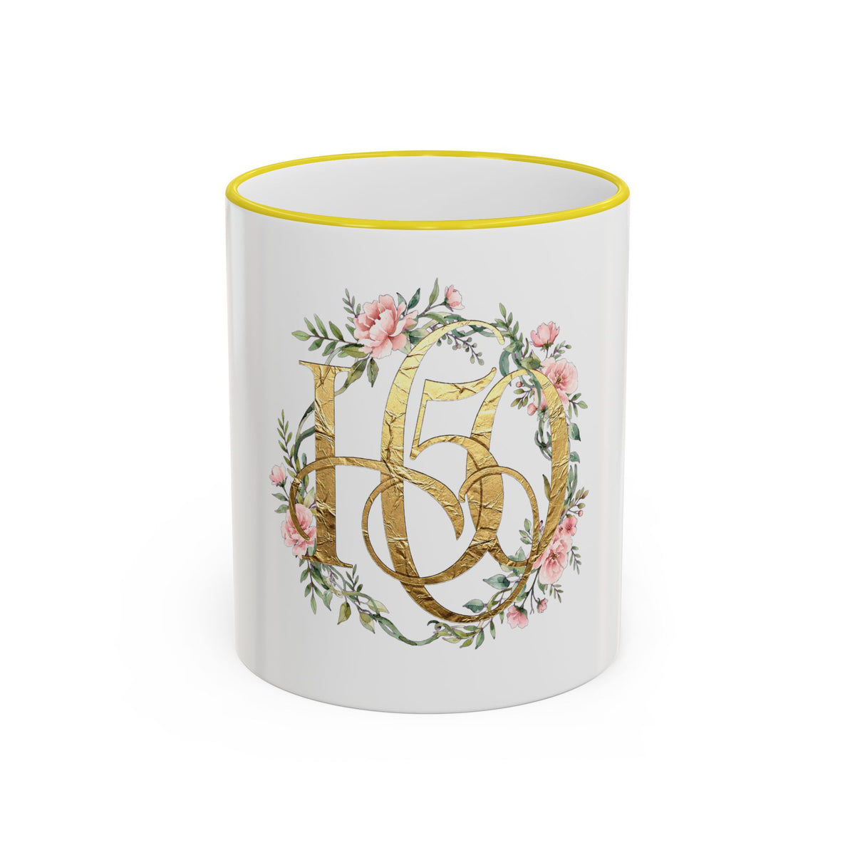 Floral Gold Monogram Mug (Accent Rim & Handle)-Mug-Hope After 50-Size:11oz-Color:Yellow-Printify