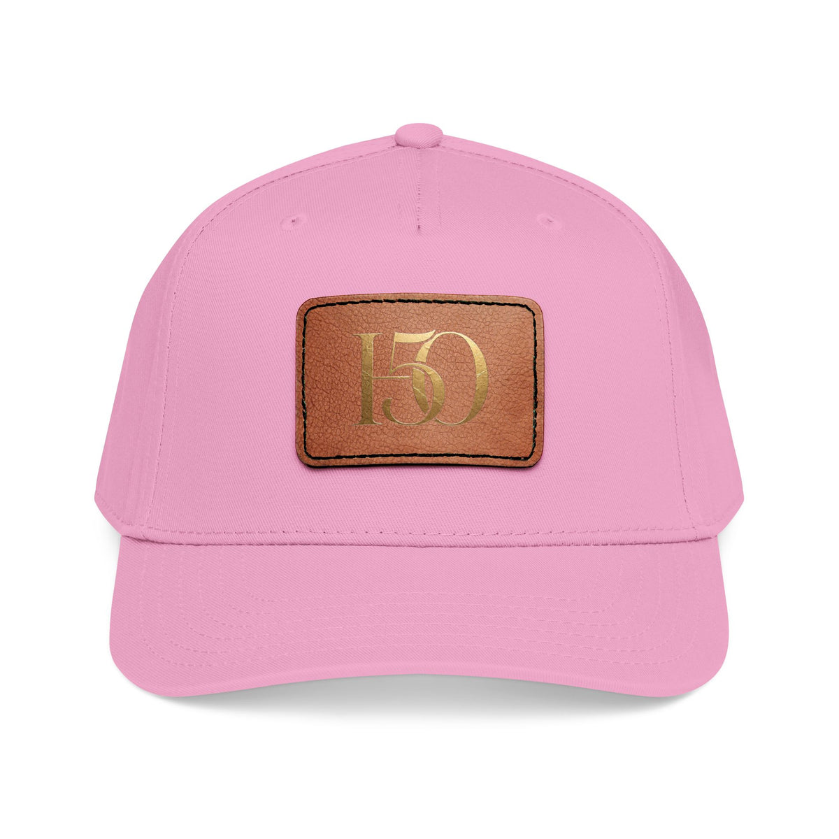 Leather Patch Baseball Cap — Gold '150' Monogram-Hats-Hope After 50-Size:One size-Color:Pink / Light Brown patch-Shape:Rectangle-Printify
