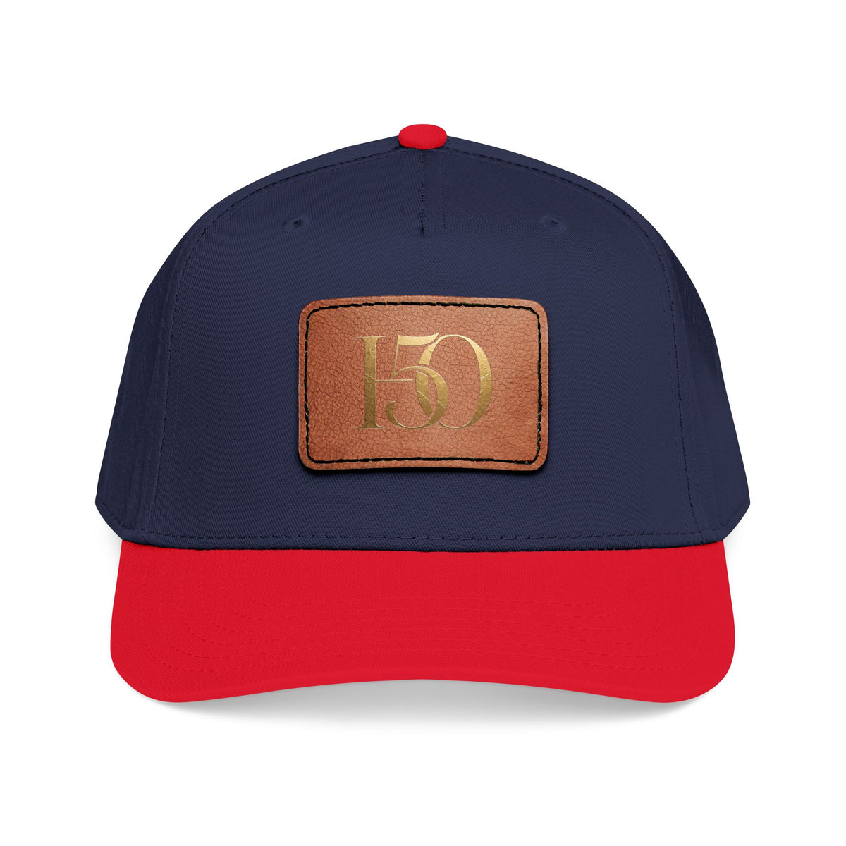 Leather Patch Baseball Cap — Gold '150' Monogram-Hats-Hope After 50-Size:One size-Color:Red / Navy / Light Brown patch-Shape:Rectangle-Printify