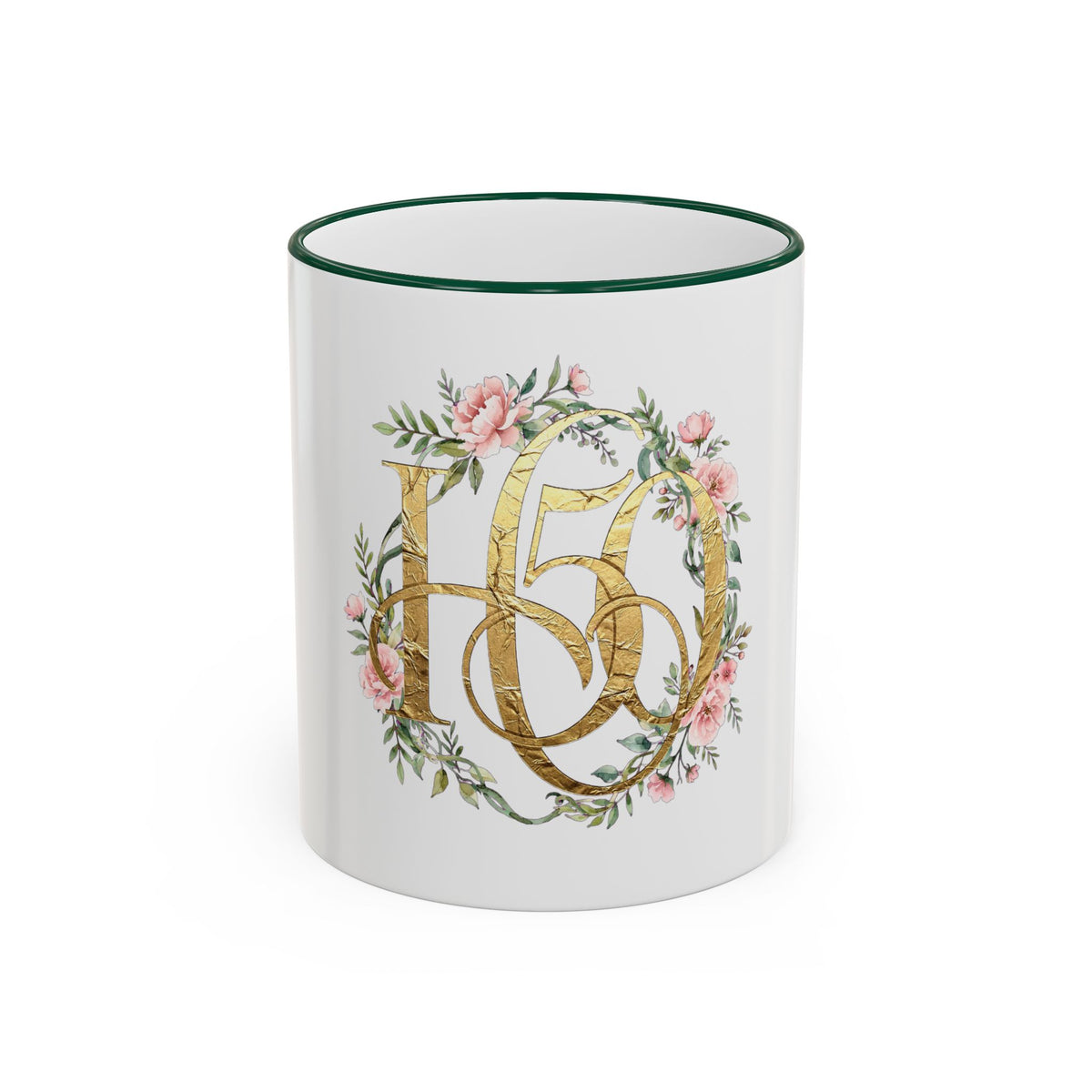 Floral Gold Monogram Mug (Accent Rim & Handle)-Mug-Hope After 50-Size:11oz-Color:Green-Printify