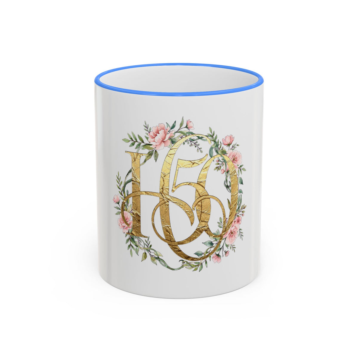 Floral Gold Monogram Mug (Accent Rim & Handle)-Mug-Hope After 50-Size:11oz-Color:Cambridge Blue-Printify