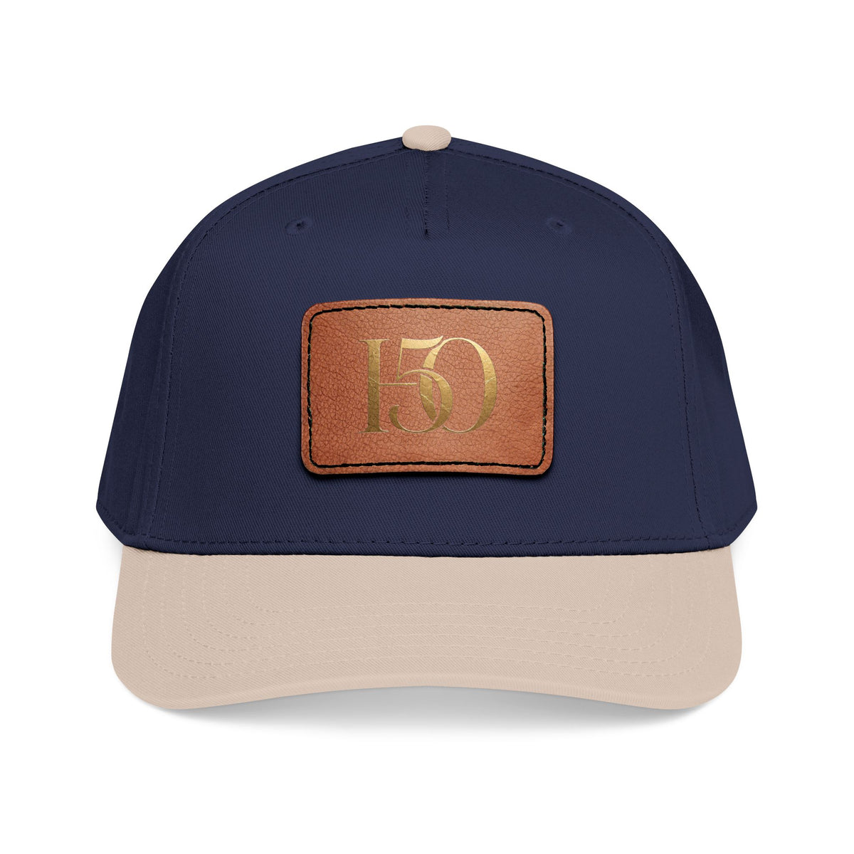 Leather Patch Baseball Cap — Gold '150' Monogram-Hats-Hope After 50-Size:One size-Color:Khaki / Navy / Light Brown patch-Shape:Rectangle-Printify