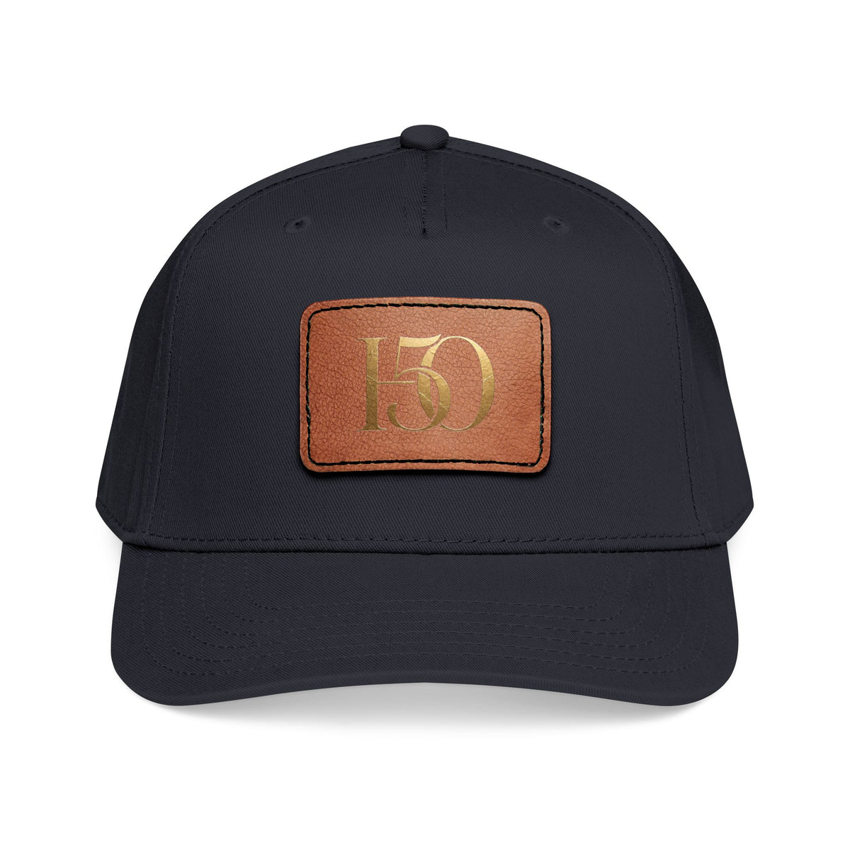 Leather Patch Baseball Cap — Gold '150' Monogram-Hats-Hope After 50-Size:One size-Color:Black / Light Brown patch-Shape:Rectangle-Printify
