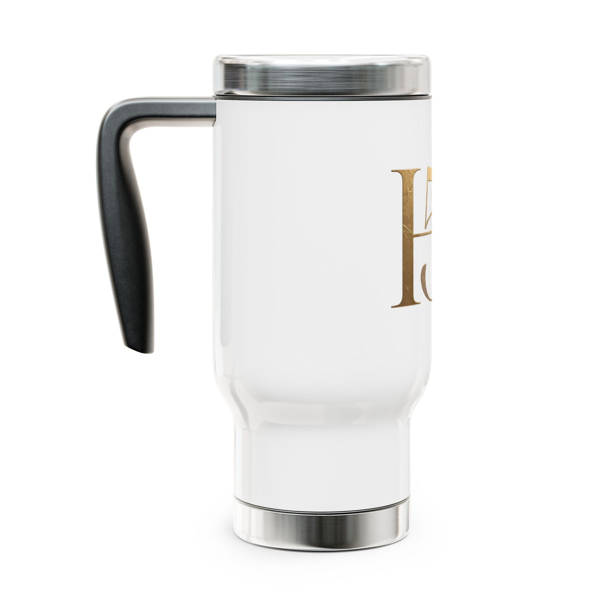 50th Anniversary Gold Script Travel Mug — 14oz Stainless Steel with Handle