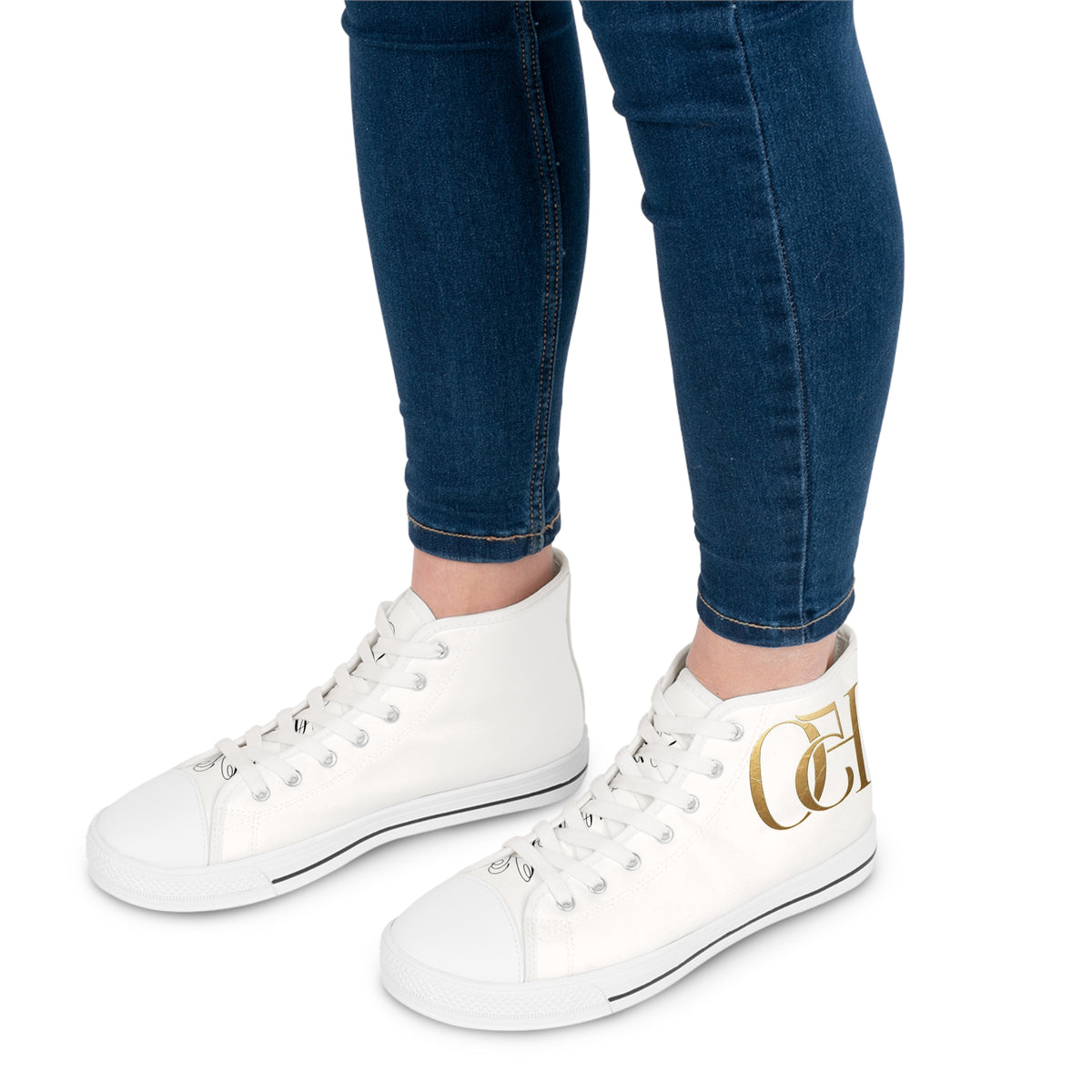 Women's High-Top Sneakers — Elegant Gold Monogram Design