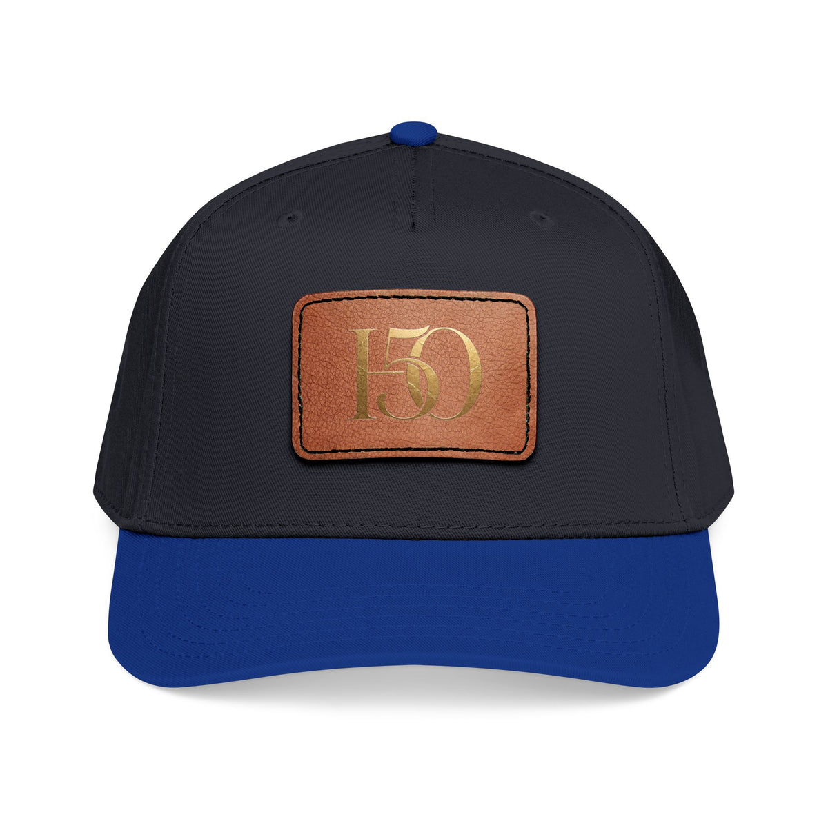 Leather Patch Baseball Cap — Gold '150' Monogram-Hats-Hope After 50-Size:One size-Color:Royal / Black / Light Brown patch-Shape:Rectangle-Printify