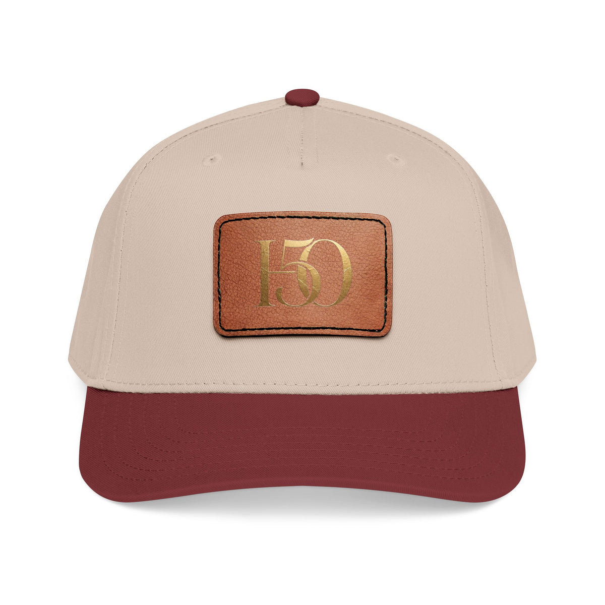 Leather Patch Baseball Cap — Gold '150' Monogram-Hats-Hope After 50-Size:One size-Color:Maroon / Khaki / Light Brown patch-Shape:Rectangle-Printify