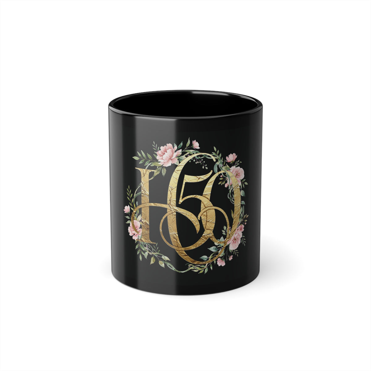 11oz Black Coffee Mug — Gold Floral '50' Anniversary Birthday Gift