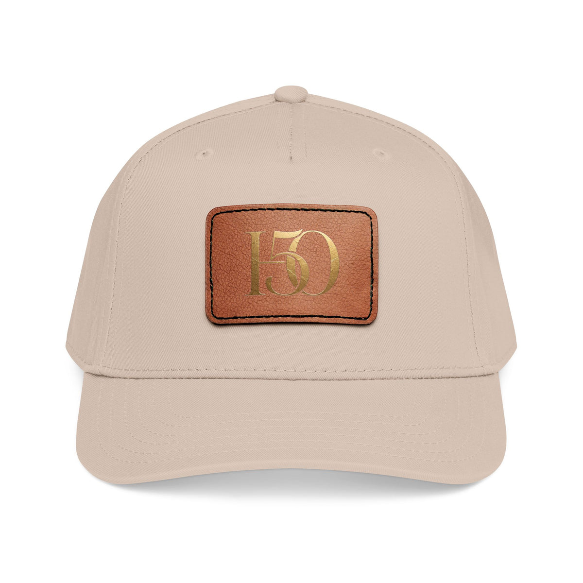 Leather Patch Baseball Cap — Gold '150' Monogram-Hats-Hope After 50-Size:One size-Color:Khaki / Light Brown patch-Shape:Rectangle-Printify