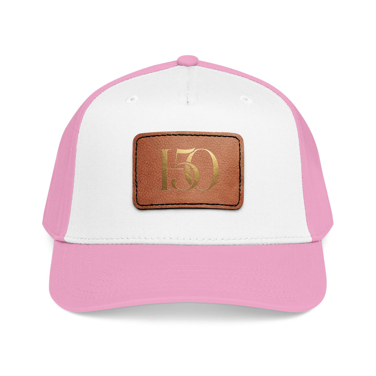 Leather Patch Baseball Cap — Gold '150' Monogram-Hats-Hope After 50-Size:One size-Color:Pink / White / Pink / Light Brown patch-Shape:Rectangle-Printify