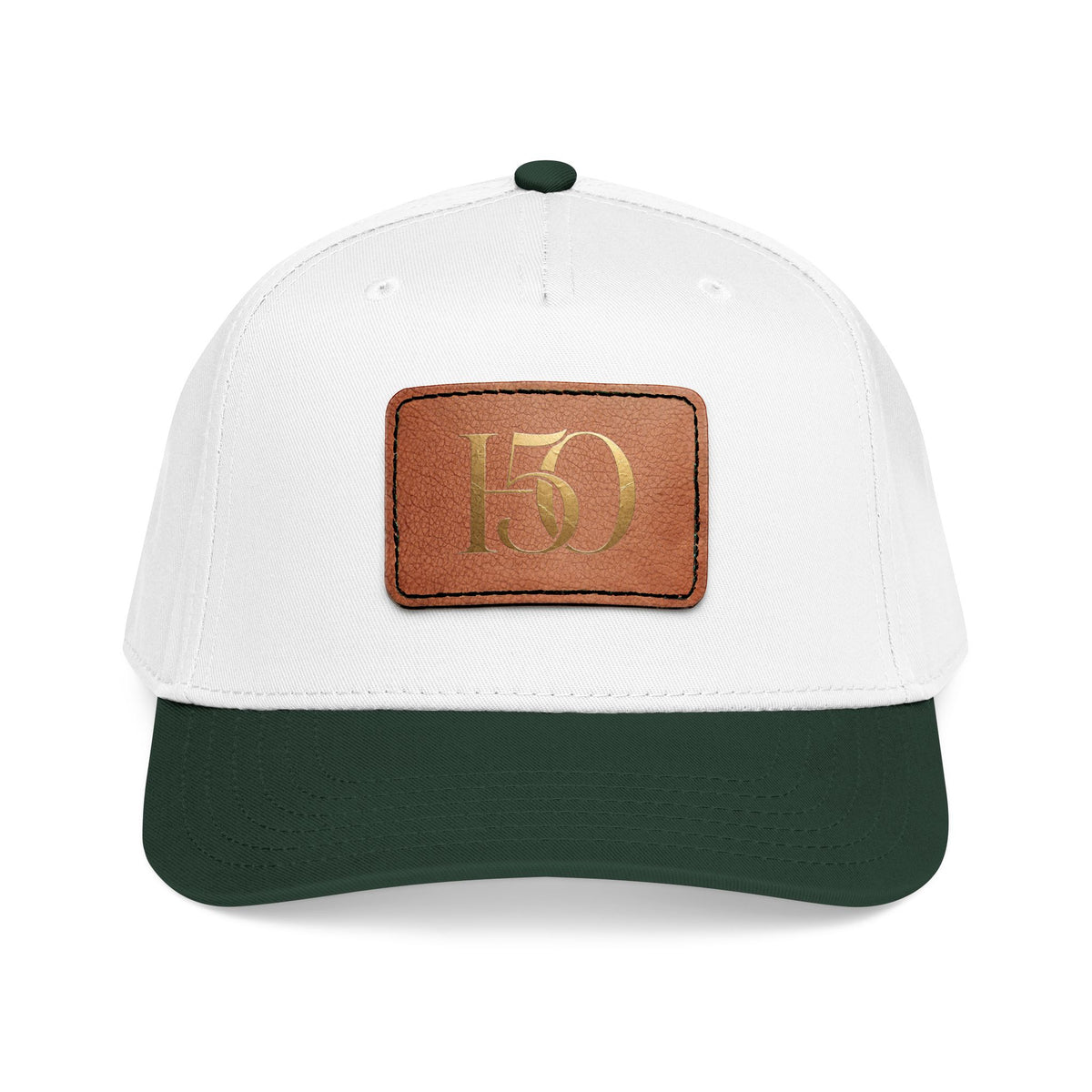 Leather Patch Baseball Cap — Gold '150' Monogram-Hats-Hope After 50-Size:One size-Color:Dark Green / White / Light Brown patch-Shape:Rectangle-Printify
