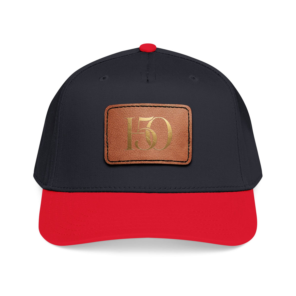Leather Patch Baseball Cap — Gold '150' Monogram-Hats-Hope After 50-Size:One size-Color:Red / Black / Light Brown patch-Shape:Rectangle-Printify