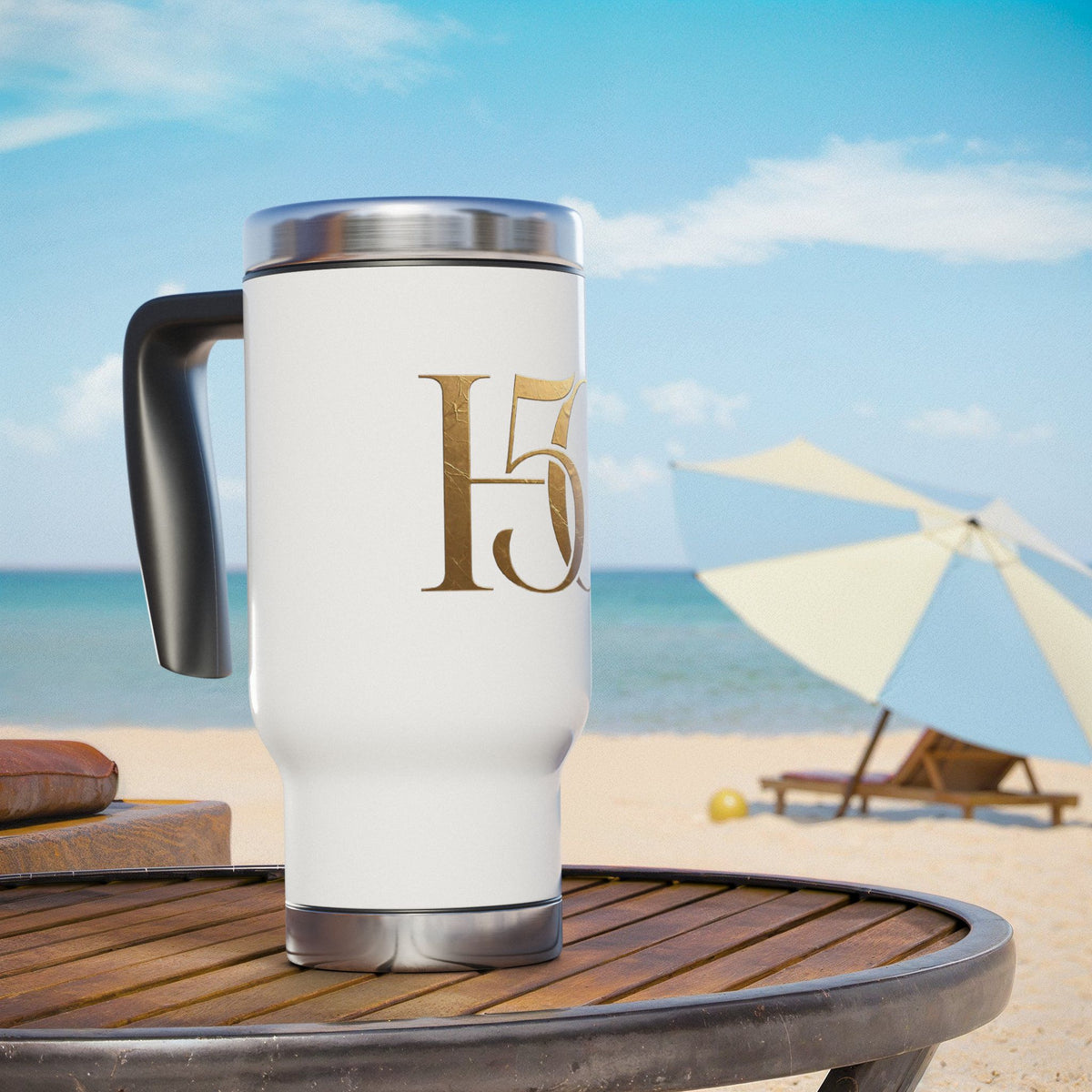 50th Anniversary Gold Script Travel Mug — 14oz Stainless Steel with Handle