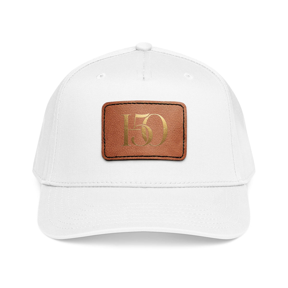 Leather Patch Baseball Cap — Gold '150' Monogram-Hats-Hope After 50-Size:One size-Color:White / Light Brown patch-Shape:Rectangle-Printify