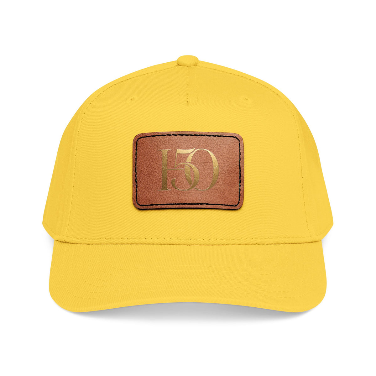 Leather Patch Baseball Cap — Gold '150' Monogram-Hats-Hope After 50-Size:One size-Color:Yellow / Light Brown patch-Shape:Rectangle-Printify