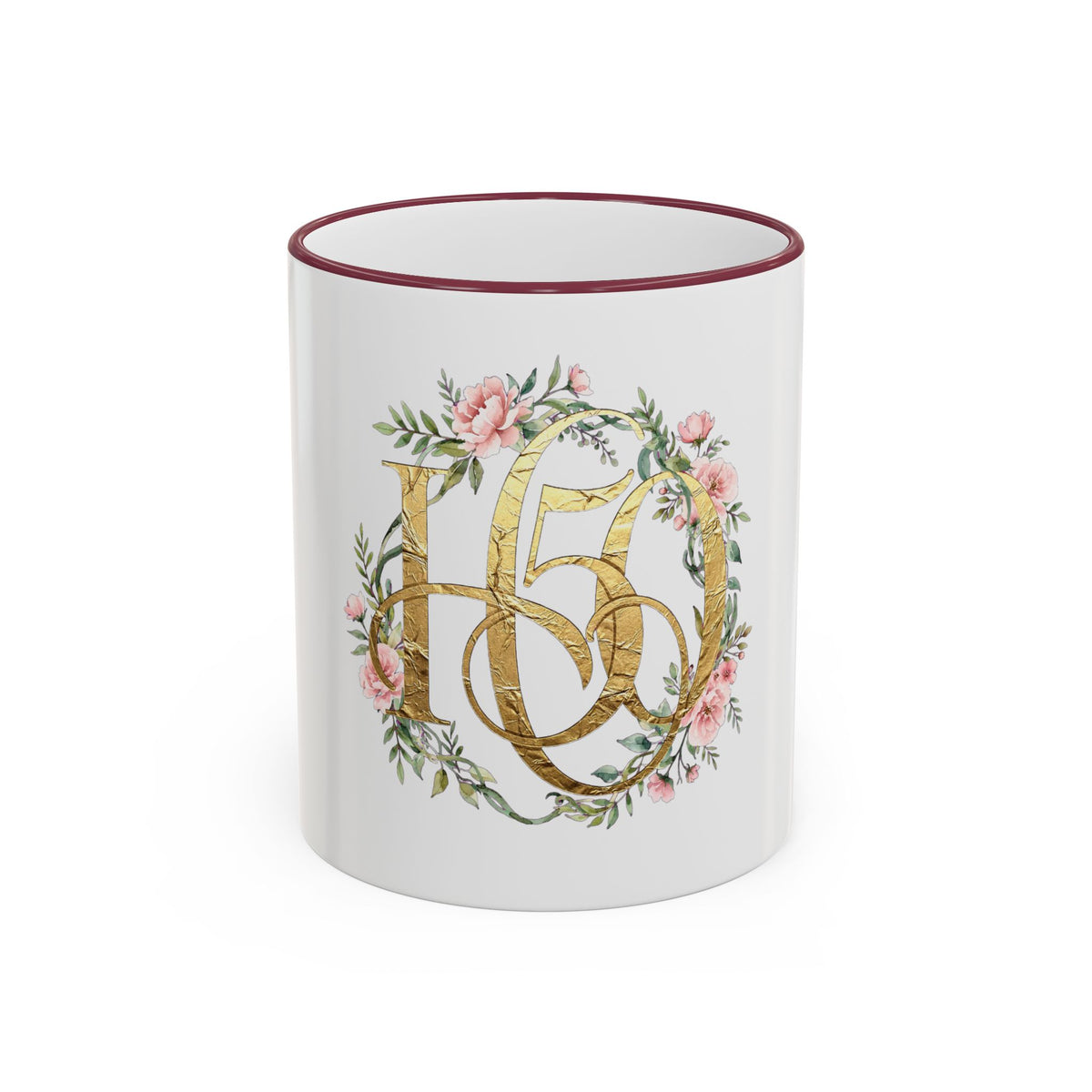 Floral Gold Monogram Mug (Accent Rim & Handle)-Mug-Hope After 50-Size:11oz-Color:Maroon-Printify
