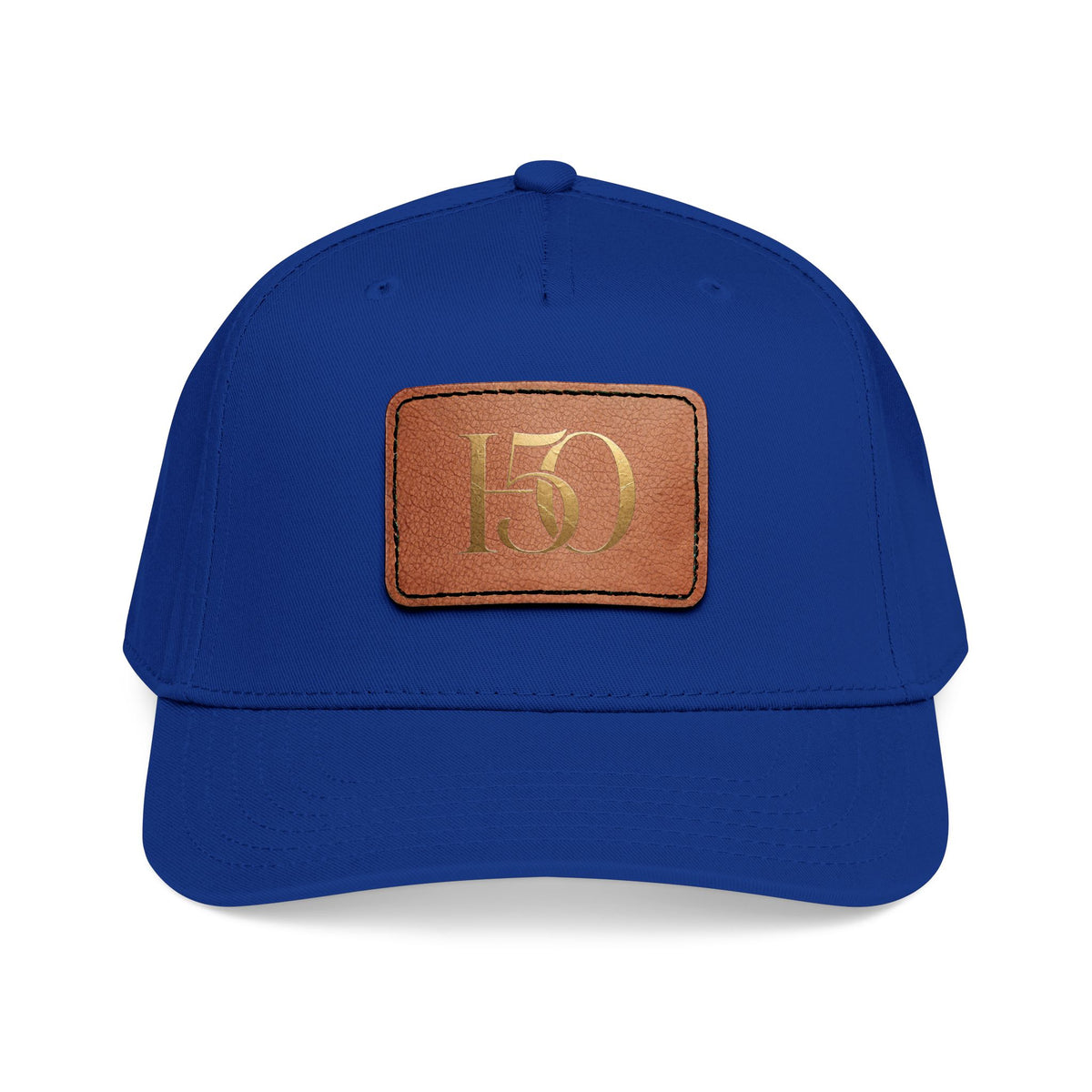 Leather Patch Baseball Cap — Gold '150' Monogram-Hats-Hope After 50-Size:One size-Color:Royal Blue / Light Brown patch-Shape:Rectangle-Printify