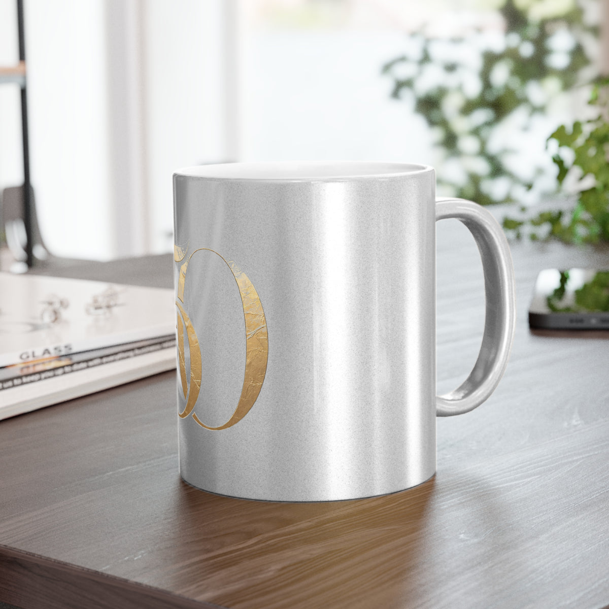 50th Anniversary Metallic Mug — Gold Foil Number on Silver Coffee Cup