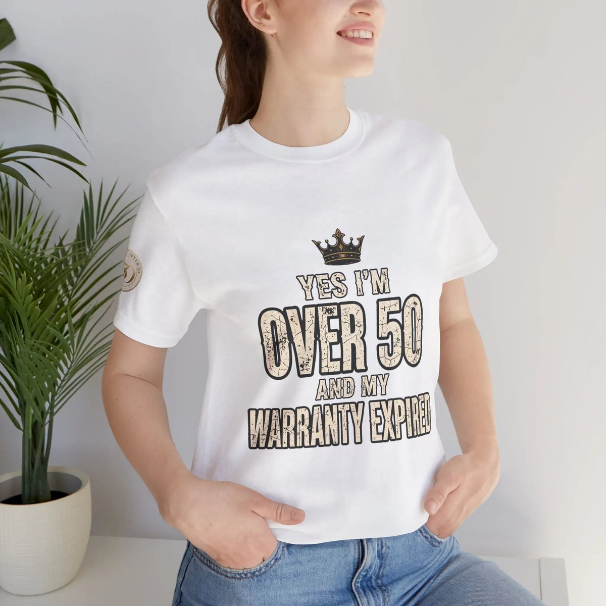 Funny 50th birthday warranty t shirt women tee with vintage style print and playful crown design for over 50 celebration
