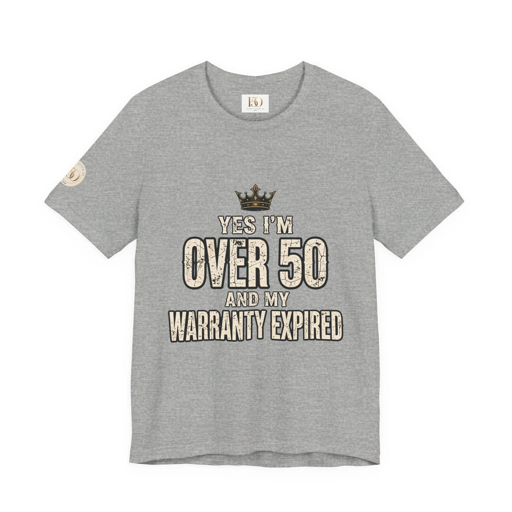Funny 50th birthday warranty t shirt women tee with vintage style print and playful crown design for over 50 celebration