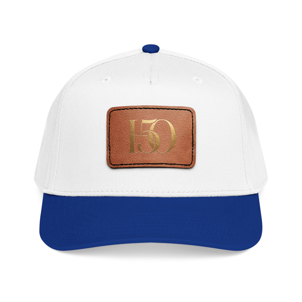 Leather Patch Baseball Cap — Gold '150' Monogram-Hats-Hope After 50-Size:One size-Color:Royal / White / Light Brown patch-Shape:Rectangle-Printify
