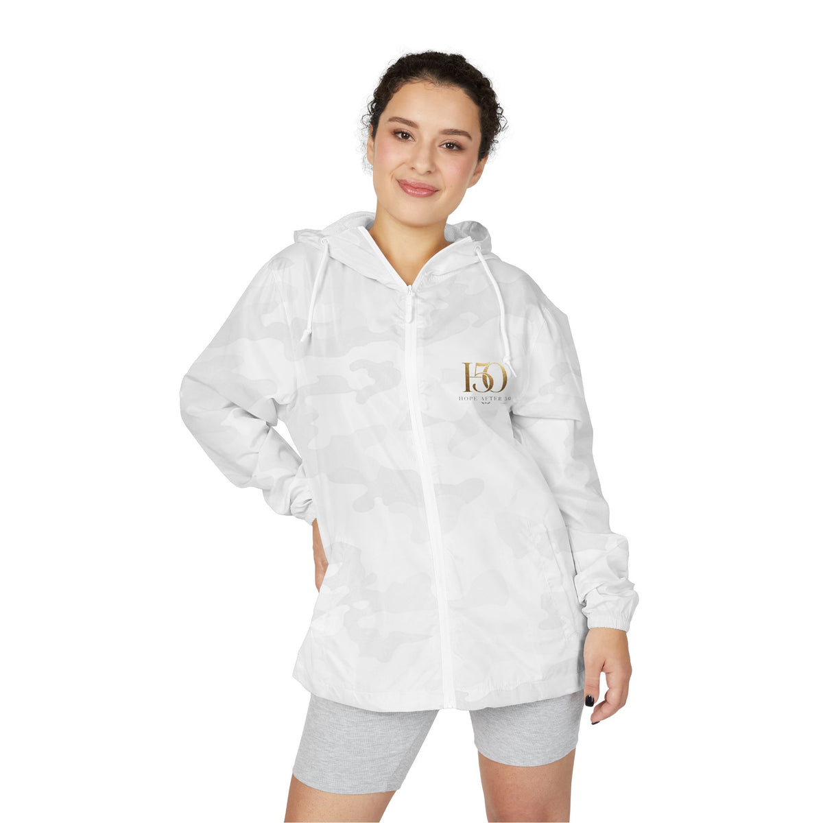 White Camo Windbreaker Jacket — Minimal Gold 'H5O' Chest Logo-Outerwear-Hope After 50-Size:3XL-Color:White Camo-Printify