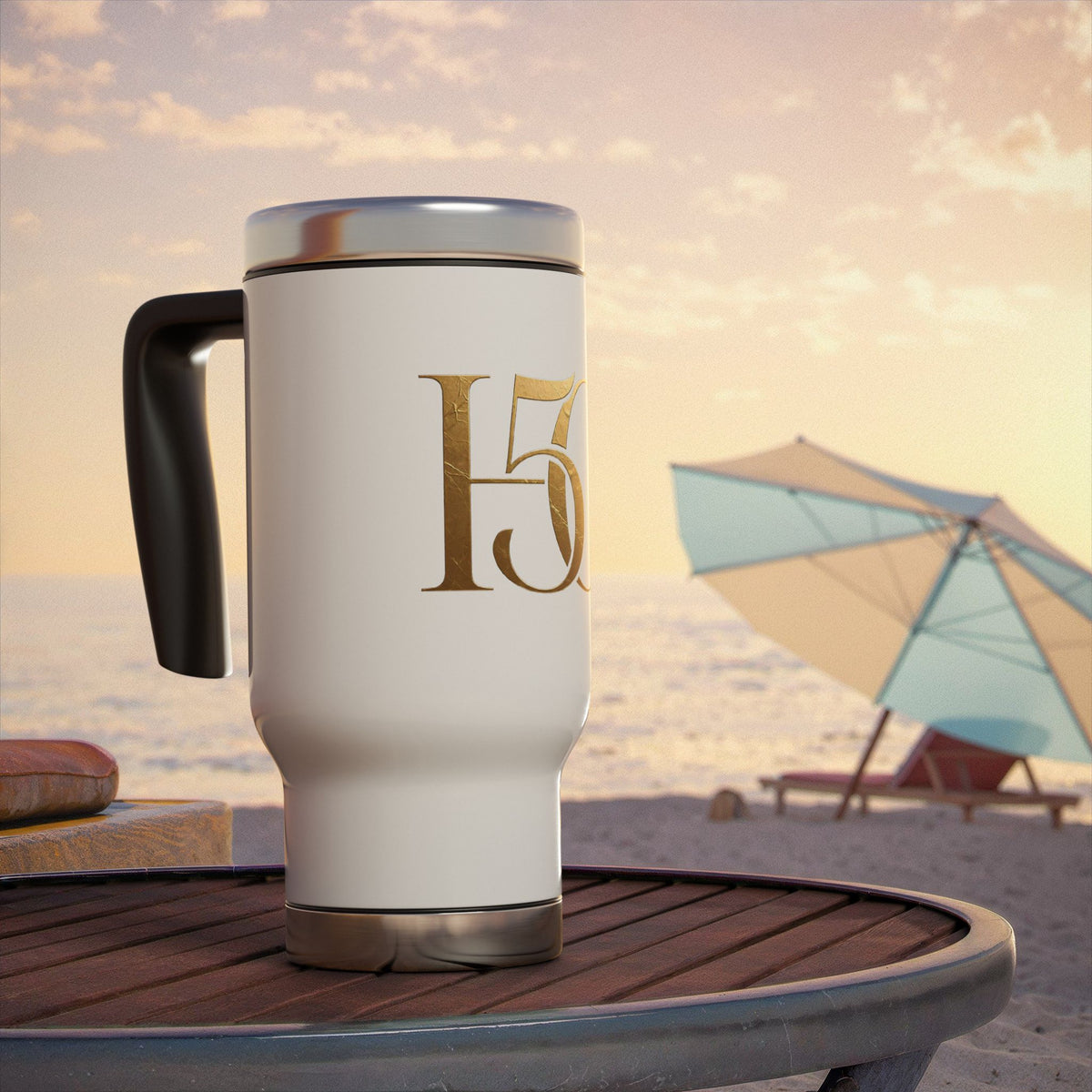 50th Anniversary Gold Script Travel Mug — 14oz Stainless Steel with Handle