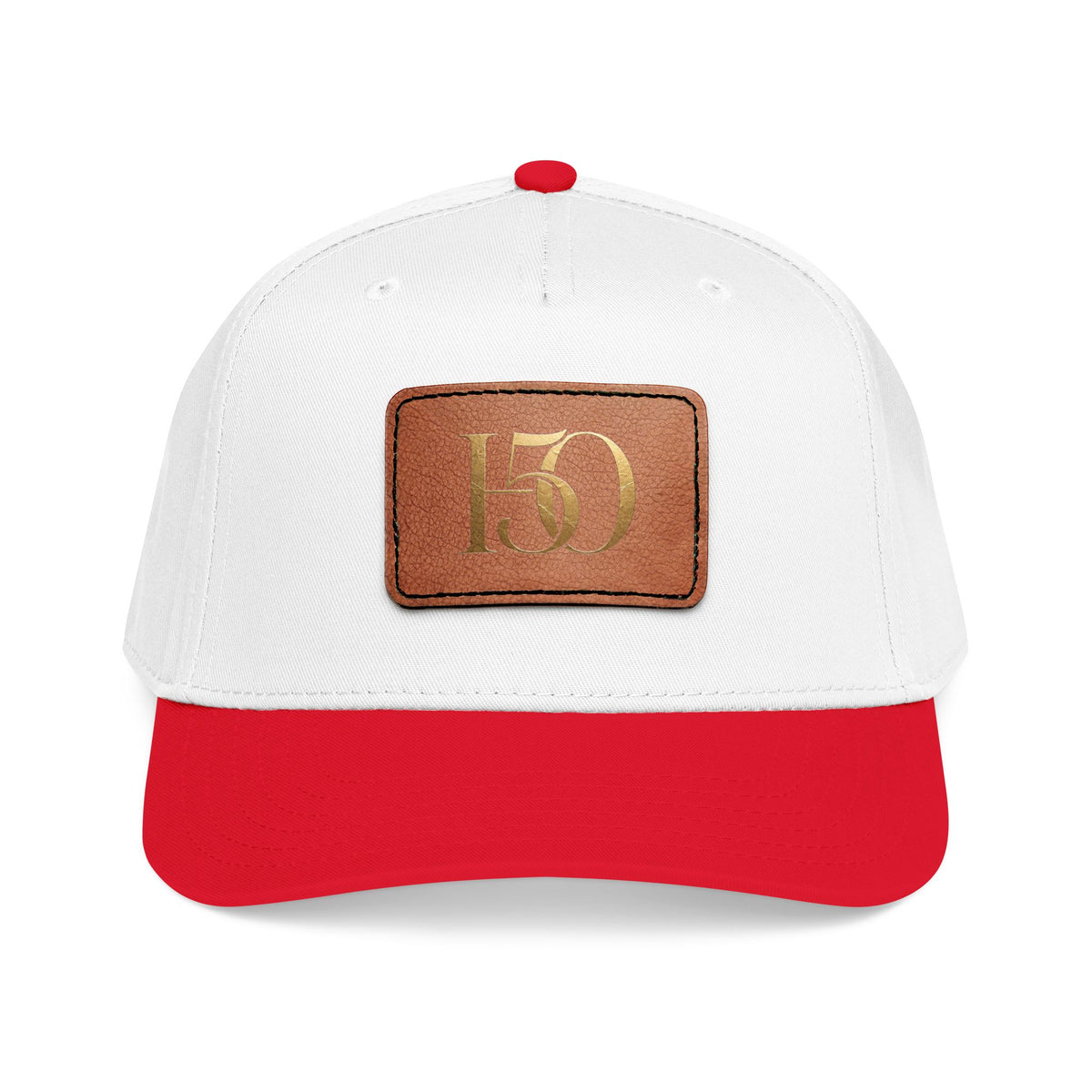 Leather Patch Baseball Cap — Gold '150' Monogram-Hats-Hope After 50-Size:One size-Color:Red / White / Light Brown patch-Shape:Rectangle-Printify