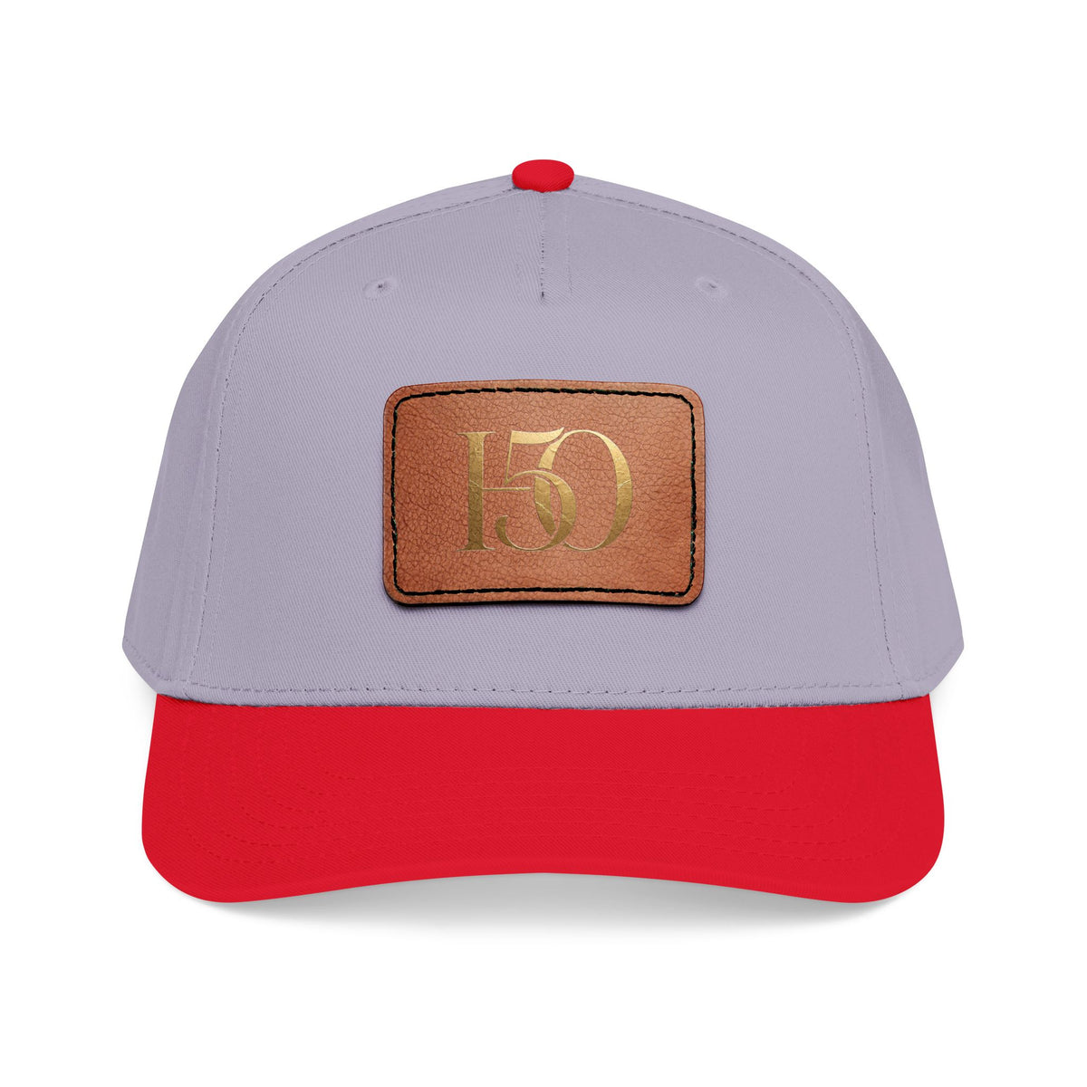 Leather Patch Baseball Cap — Gold '150' Monogram-Hats-Hope After 50-Size:One size-Color:Red / Grey / Light Brown patch-Shape:Rectangle-Printify