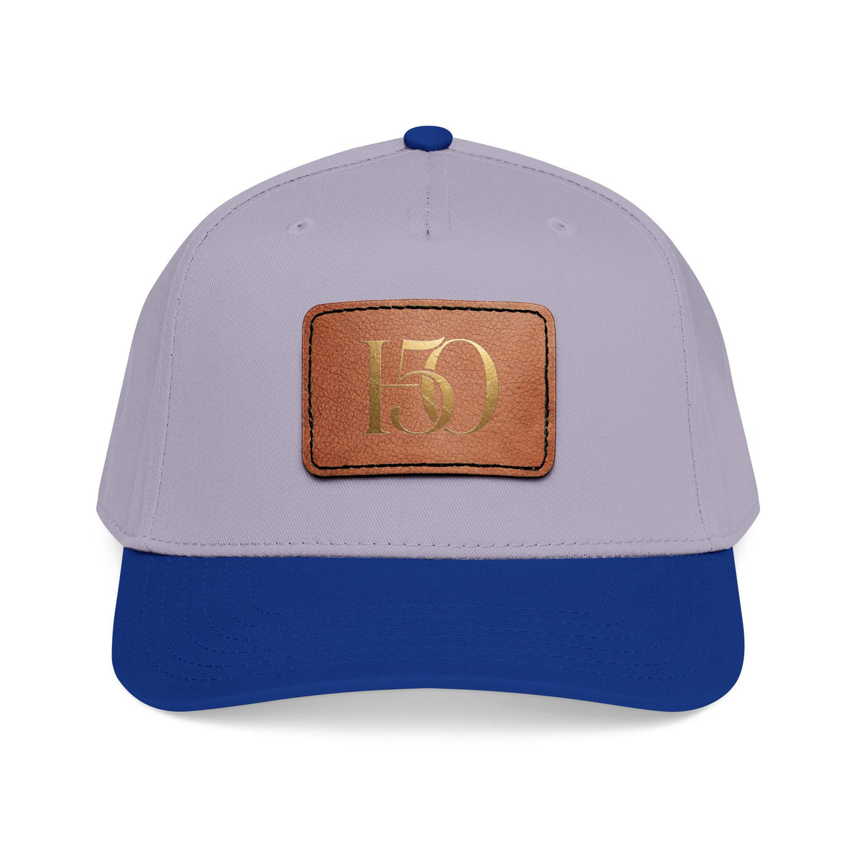 Leather Patch Baseball Cap — Gold '150' Monogram-Hats-Hope After 50-Size:One size-Color:Royal / Grey / Light Brown patch-Shape:Rectangle-Printify