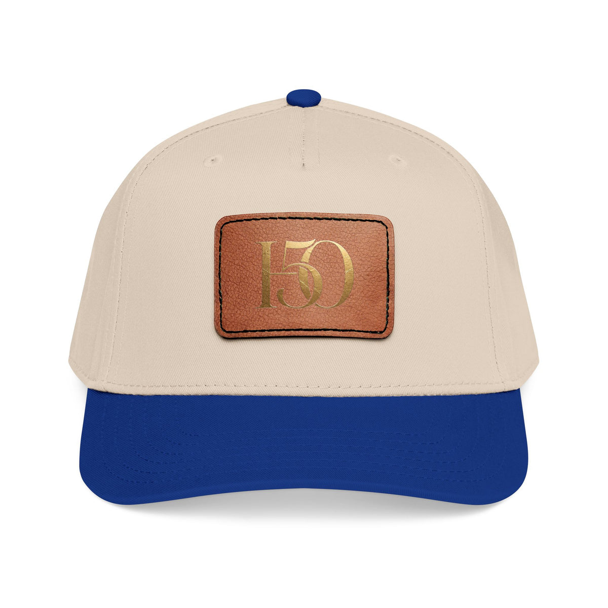 Leather Patch Baseball Cap — Gold '150' Monogram-Hats-Hope After 50-Size:One size-Color:Royal / Natural / Light Brown patch-Shape:Rectangle-Printify
