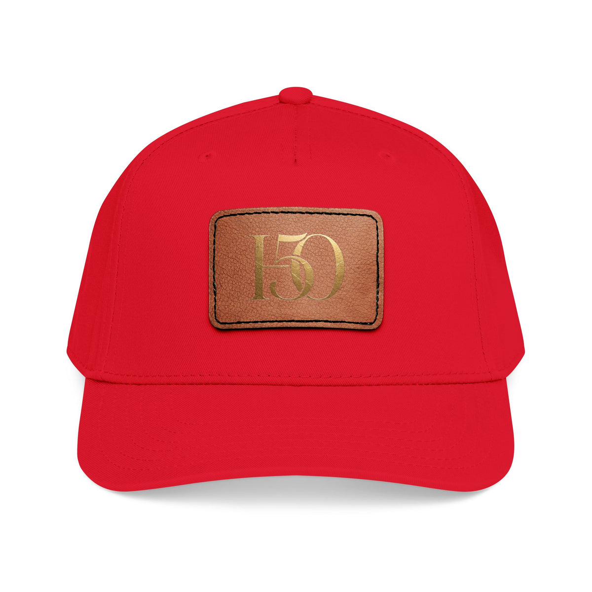 Leather Patch Baseball Cap — Gold '150' Monogram-Hats-Hope After 50-Size:One size-Color:Red / Light Brown patch-Shape:Rectangle-Printify