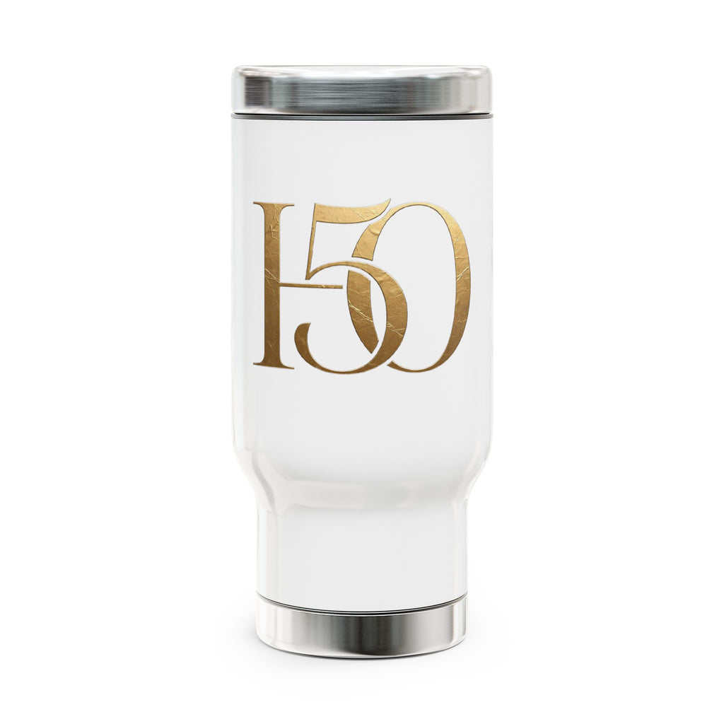 50th Anniversary Gold Script Travel Mug — 14oz Stainless Steel with Handle