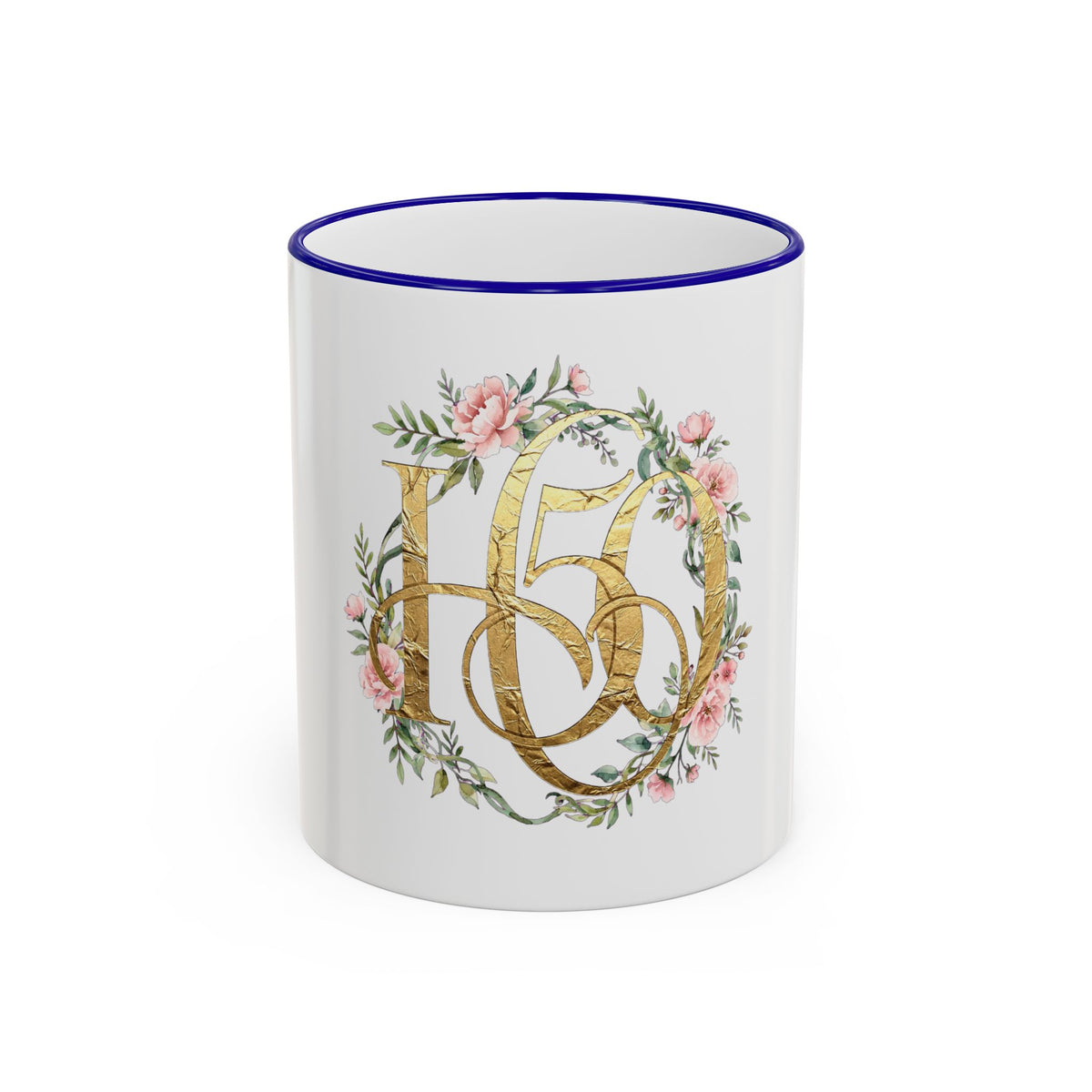 Floral Gold Monogram Mug (Accent Rim & Handle)-Mug-Hope After 50-Size:11oz-Color:Blue-Printify