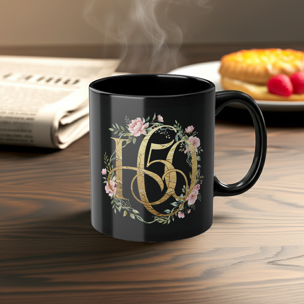 11oz Black Coffee Mug — Gold Floral '50' Anniversary Birthday Gift