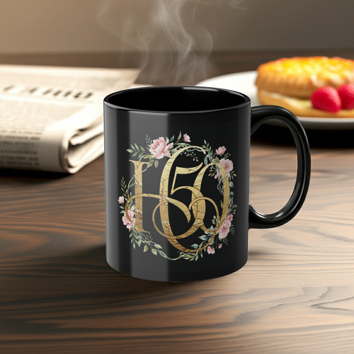 11oz Black Coffee Mug — Gold Floral '50' Anniversary Birthday Gift