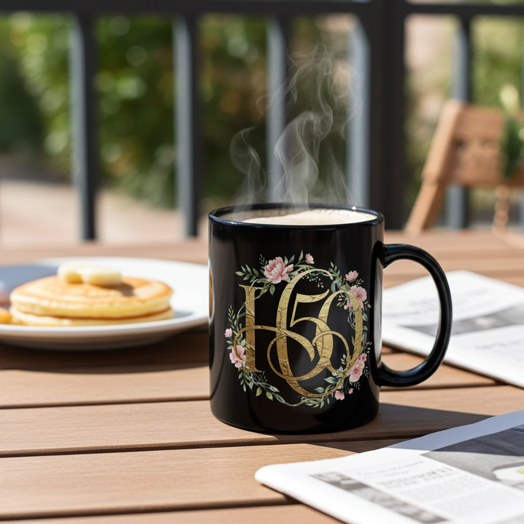11oz Black Coffee Mug — Gold Floral '50' Anniversary Birthday Gift