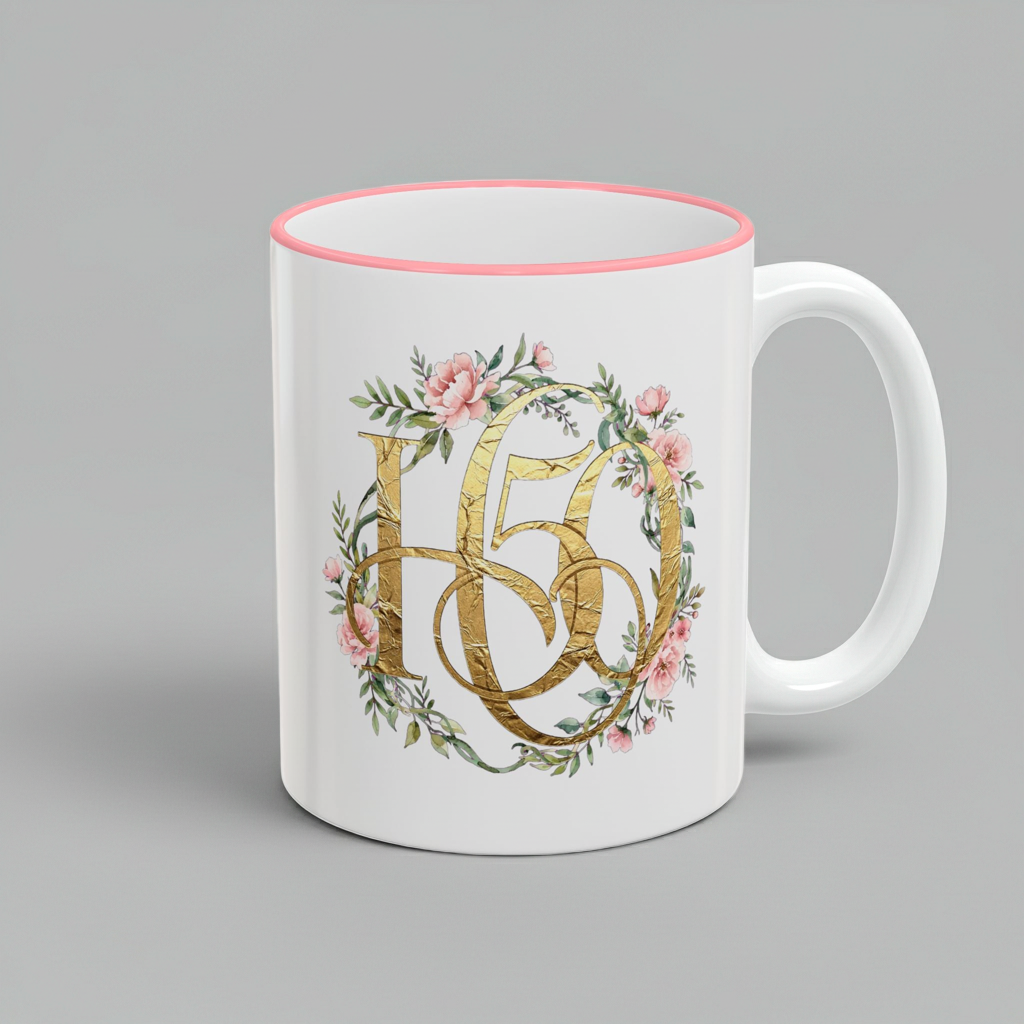 Floral Gold Monogram Mug (Accent Rim & Handle)