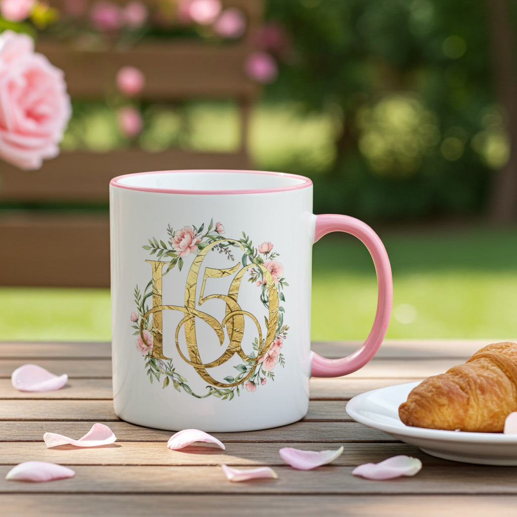 Floral Gold Monogram Mug (Accent Rim & Handle)