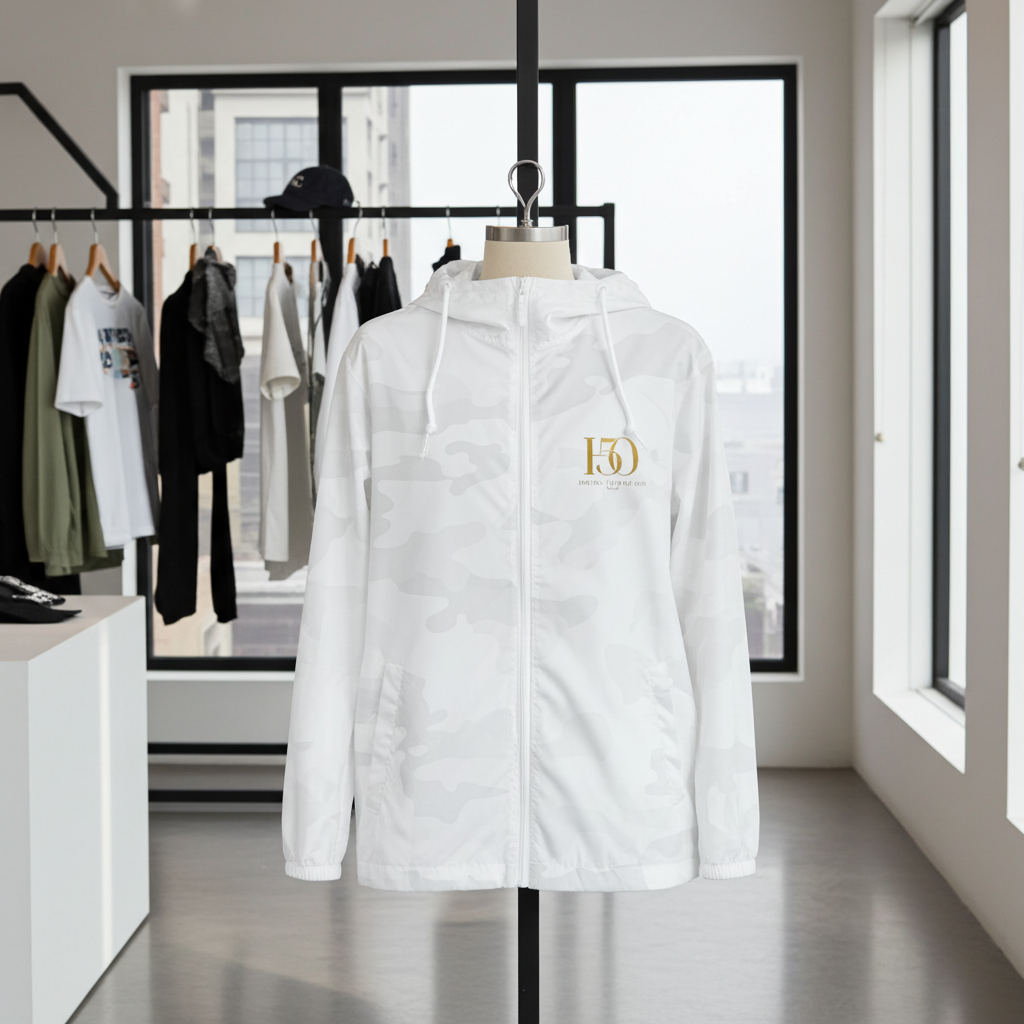 White Camo Windbreaker Jacket — Minimal Gold 'H5O' Chest Logo